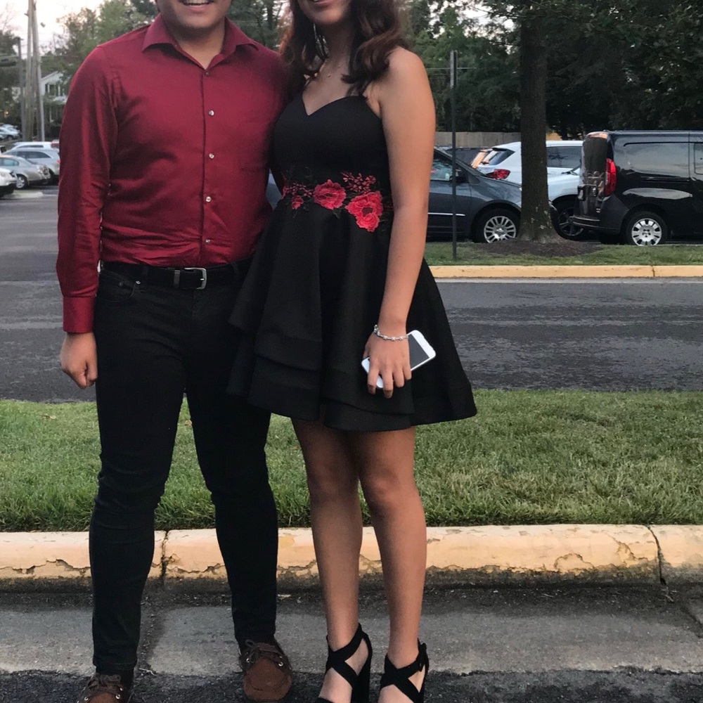 Black mini dress with red embroidered flowers